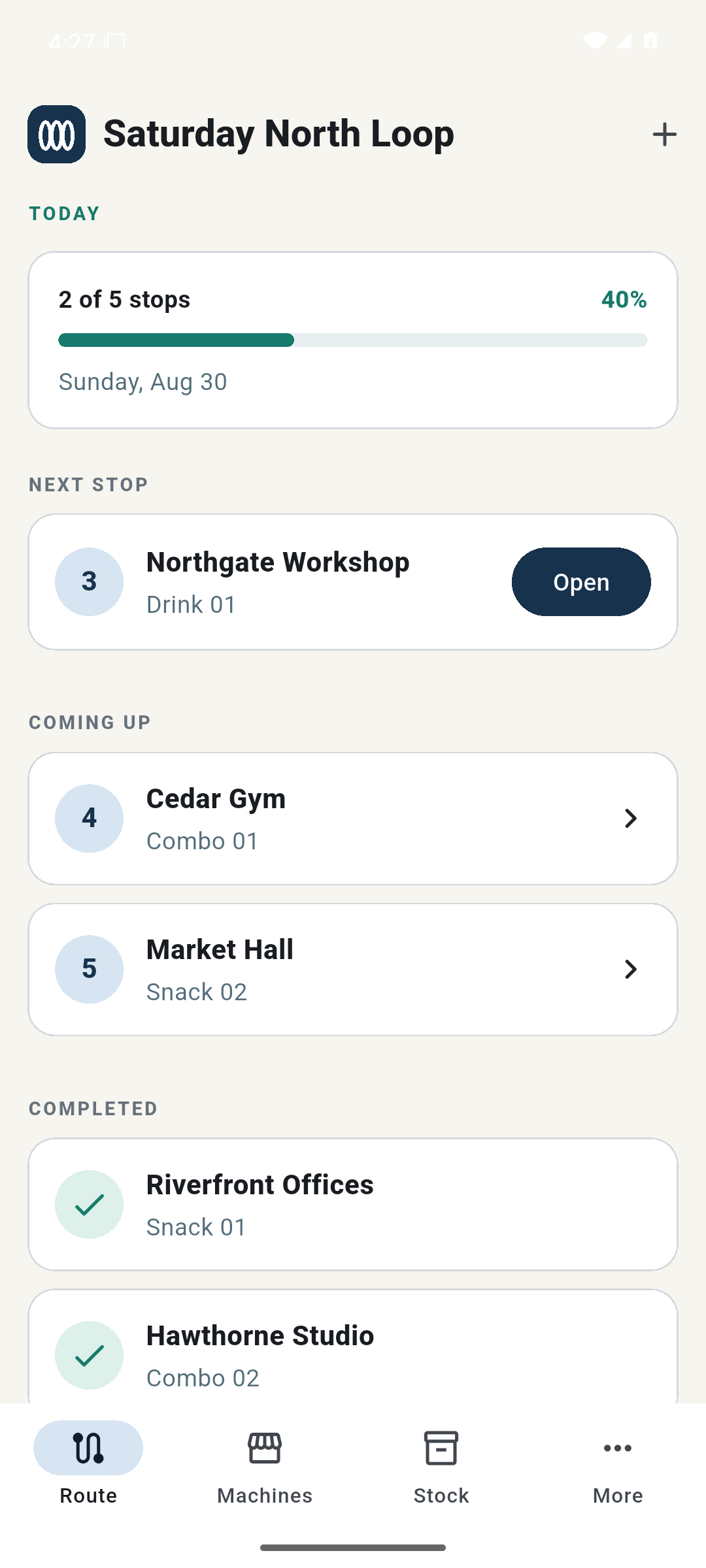 CoilRoute route screen showing five vending stops and route progress